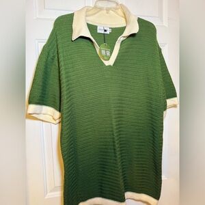 Oxknit Green Ivory Collared SS Sweater 4XL Plus NWT 60’s 70’s Retro 100% Cotton